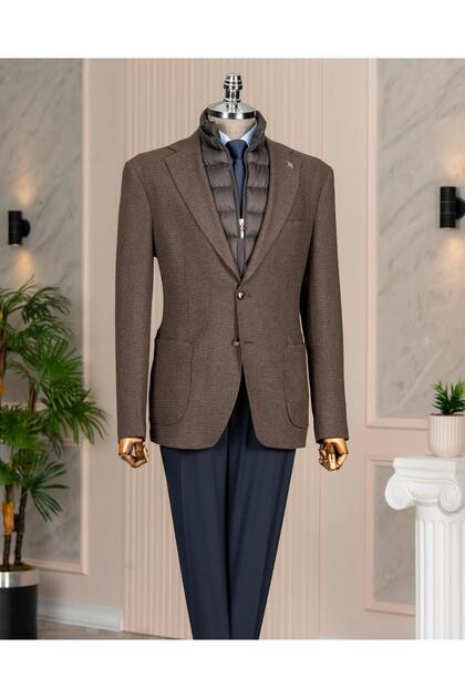 Italian style s Slim Fit patterned quilted turn-down collar bag pocket jacket coffee t15124