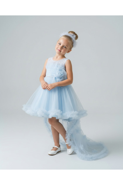 Girl's Strap Dress with Pearl and Rose Detail, Detachable Tail, Crown Gift, Monita Girl's Evening Dress 3