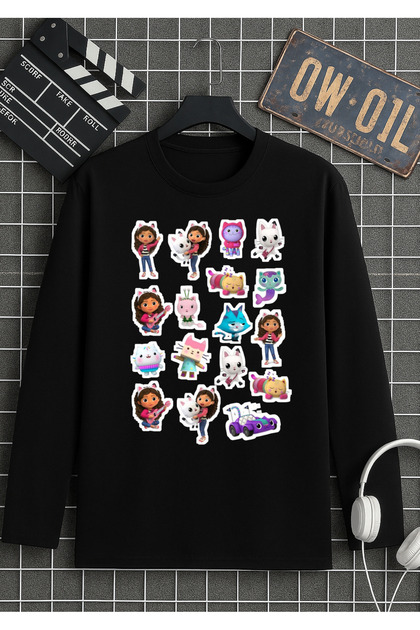 Gabby's Dollhouse Printed Black Long Sleeve Children's T-Shirt 100% Cotton Fabric Organic