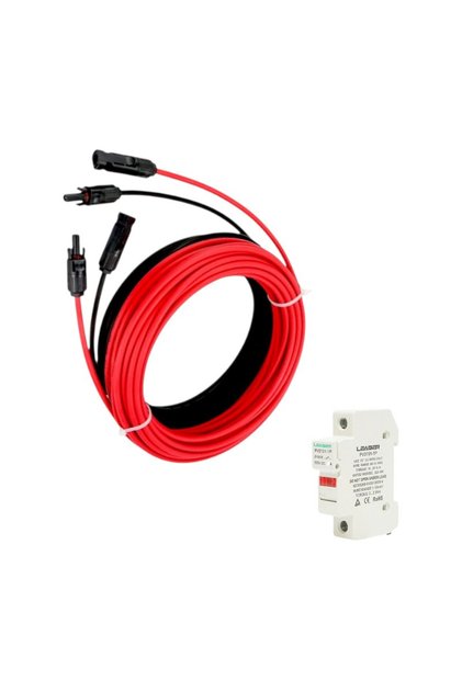 Соларен кабел, сечение 4 mmp, MC4 конектор, червен/черен, 2x4m, с 1100V DC гнездо, предпазител 10x38 мм, 1-30A