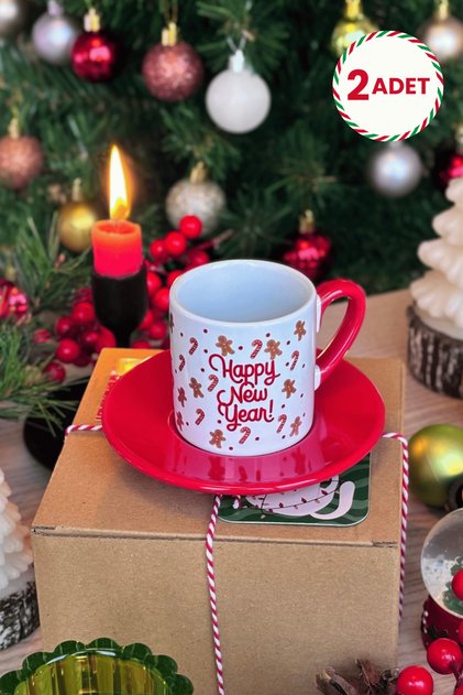 Happy New Year Happy New Year 2-Piece Turkish Coffee Cup New Year's Gift