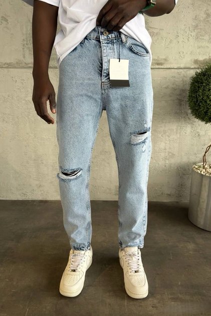 Pantaloni de blugi pentru bărbați, model Boyfriend, albastru, denim, cu detalii rupte, Mz389