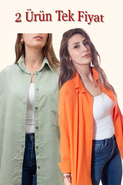 Kadın Oversize Pamuk Keten Turuncu - Mint yeşili Gömlek