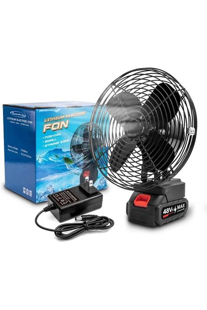 Portable Camping Fan, 21V Lithium Battery-Powered, Strong Wind, Low Noise, 48Vf MAX