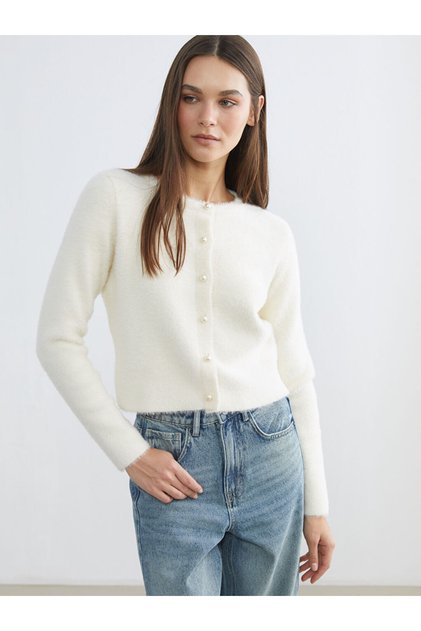 Ecru Crew Neck Women's Knitwear Cardigan