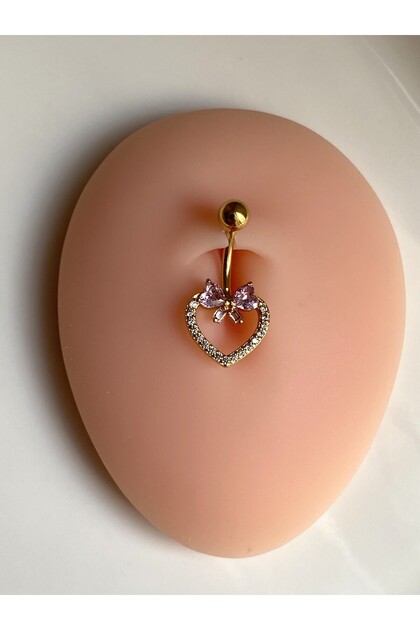 Çelik Göbek Piercing Kalp Pembe Fiyonk Zirkon Taşlı
