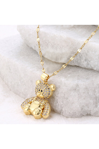 Gold color Women's Fashion Luxury Teddy Bear Necklace Cubic Zirconia Exquisite Pendant Stainless Ste