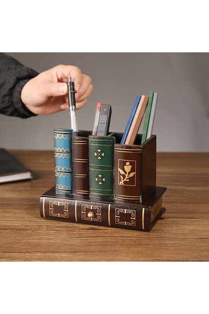 حامل أقلام خشبي أوروبي عتيق أحمر قطعة واحدة - منظم مكتب إبداعي وصندوق تخزين ديكوري للمنزل