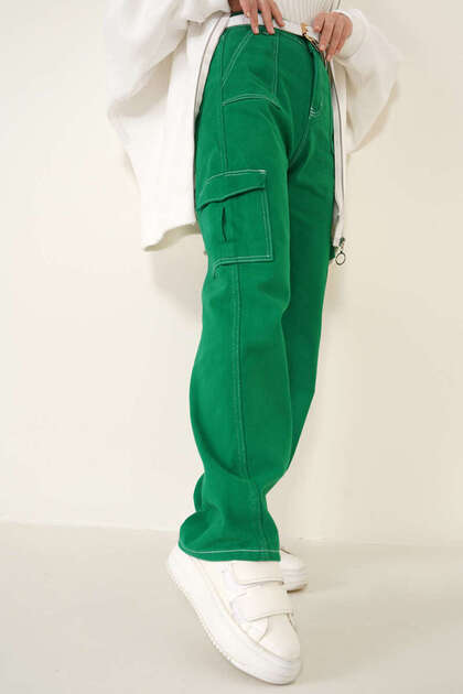 Unisex Green White Stitched Wide Leg Pants Baggy Regular Fit Jogger Cargo Pocket Jeans