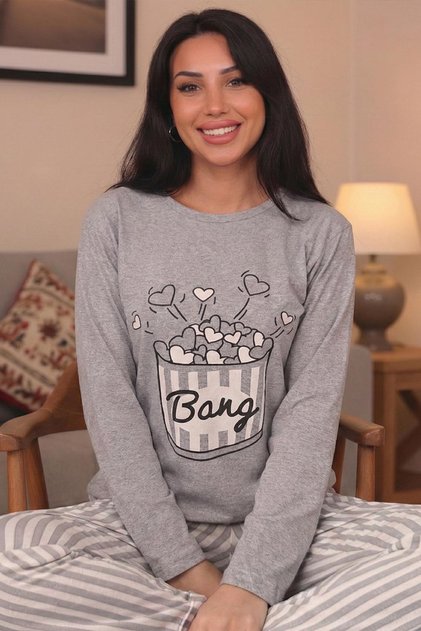 Women's Bang Slogan Six-Stripe Crew Neck Long Sleeve Six-Long Combed Cotton Pajama Set