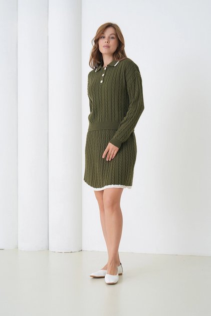 Women's Polo Neck Knit Detail Skirted Double Knitwear Set