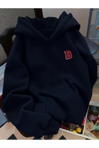 للجنسين مطبوع قصة فضفاضة بغطاء رأس سويت شيرت قطن 100% باللون الأزرق الداكن