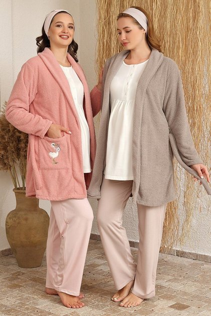 Bh 4224 Pink Stork Embroidered Maternity 3-Piece Pajama Set with Dressing Gown