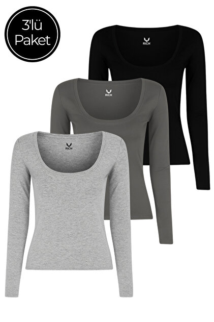 Women's 3-Pack Black-Smoke-Grey Melange U-Neck Bodycon Long Sleeve Blouse
