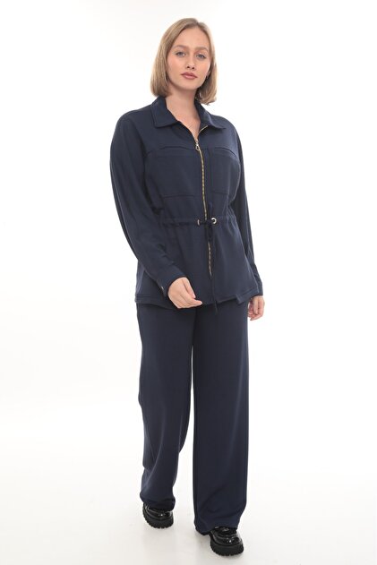 Gold Zipper Detailed Zr Model Modal Fabric Tracksuit Set with Gathered Waist