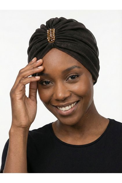Design Tulle Crystal Stone Embroidered Double-Sided Lined Brown Ready-To-Wear Turban Hijab Evening Dress Bonnet