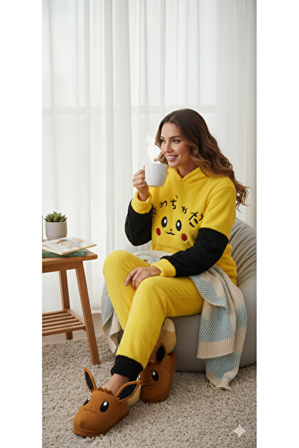 Sarının en sevimli hali kapüşonlu kulaklı peluş pijama takımı
