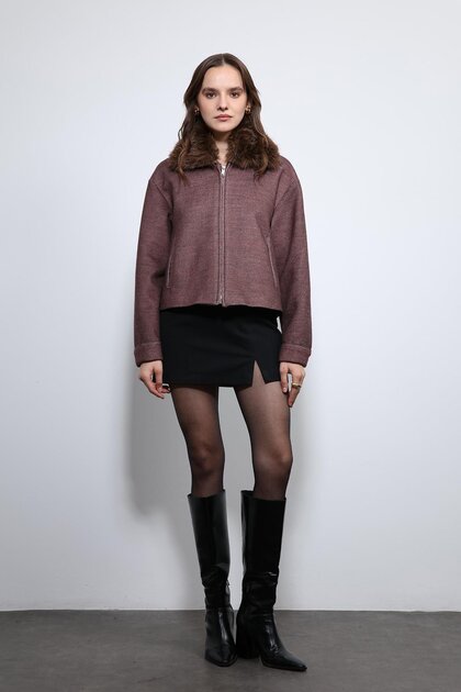 Burgundy Wool Blend Faux Fur Collar Jacket