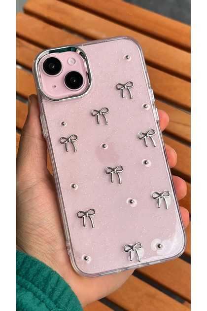 iPhone 14 Plus and 15 Plus - Transparent Glittery Pink Bow Pattern Cover with Camera Protrusion Shiny Case —
