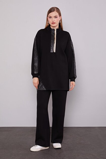 Black Glitter Leather Detailed Double Suit