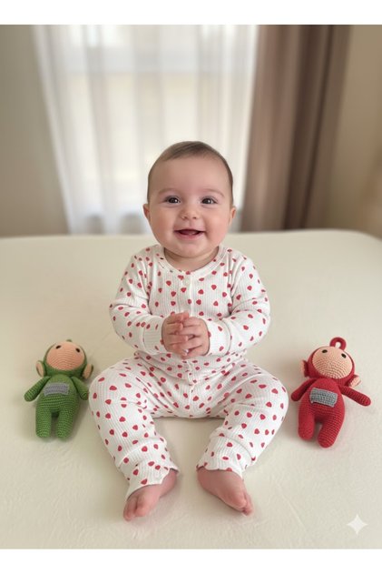 Baby Girl and Boy 100% Cotton Pajama Set Soft Ribbed Snap Fasteners 0-9 Months Heart-Themed Love