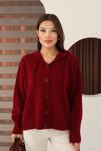 Hooded Long Sleeve Lace-Up Four Button Soft Textured Stylish Standard Length Winter Basic Knitwear Cardigan