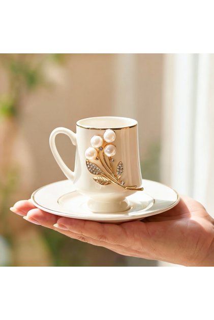 Special Handmade Set of 6 Porcelain Gold Coffee Cups with Pearl Stone Flower Brooches