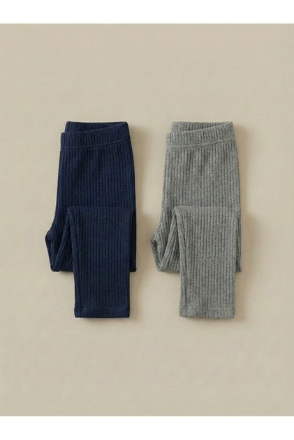 Girl's 2-Piece Set of Corded Fabric Stretchy Cotton Children's Long Leggings Tight-Fitting Gray - Navy Blue