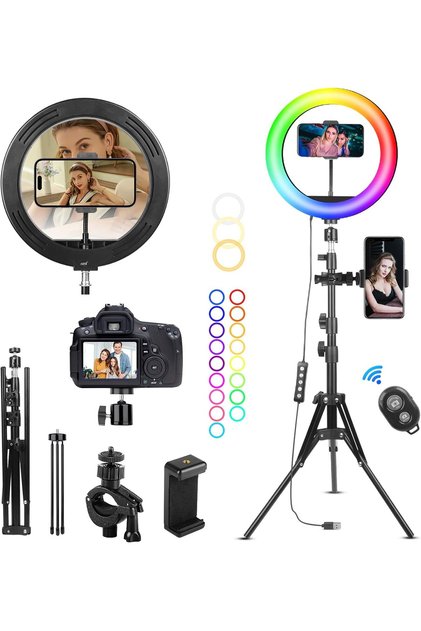 Light Ring with Tripod, Selfie Ring Light 10” Adjustable 1.8m and 37 Modes RGB Colors