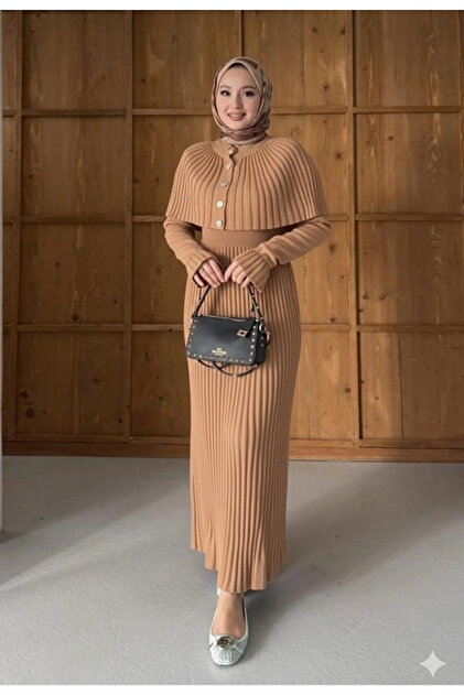 ribana Women's Cape and Button Detailed Elastic Waist Tight Knit Pleated  Hijab Long Knitwear Dress- Trendyol