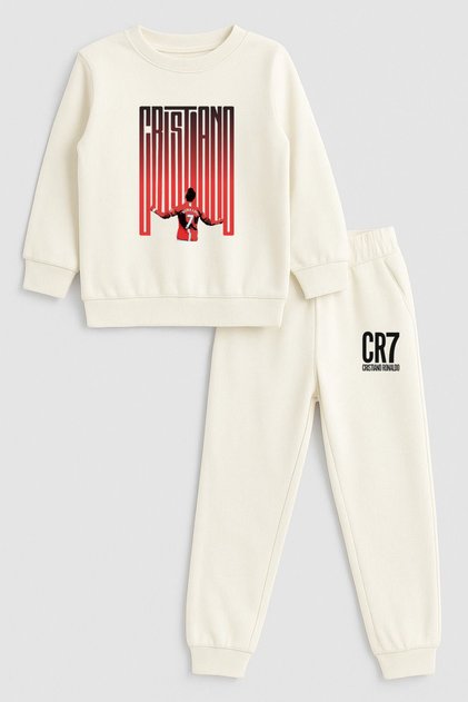 2026 New Year Santa Claus Christmas Printed Crew Neck Ecru Children's Tracksuit Bottom Top Set