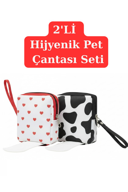 2'li Kadın Çanta Içi Hijyenik Ped Saklama Koruma Çantası Düzenleyici Organizer İnek Kalp-10x14x3 cm