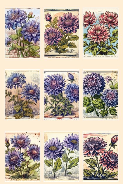 Retro Flowers Themed 9-Piece Postcard Set