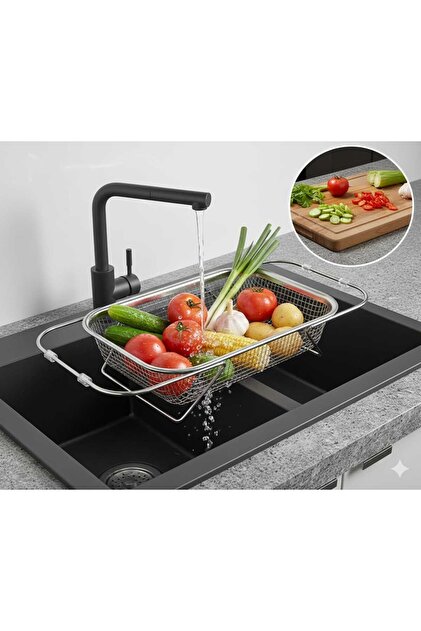 Extendable Chrome 52X24 cm Fruit Vegetable Washing Steel Sink Strainer and Fruit Basket Kw-271C