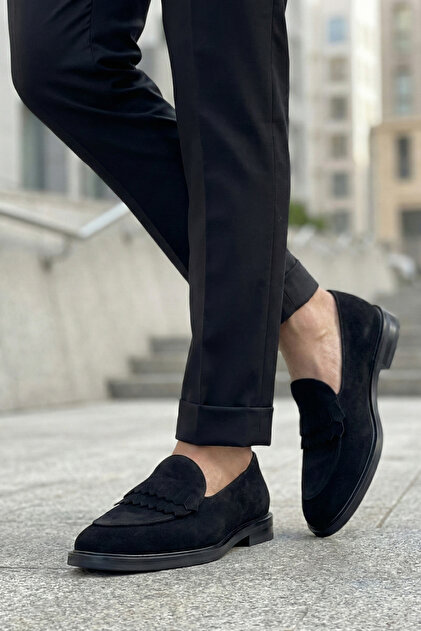 Special Production Stitched Neolite Sole Fringed Suede Leather Black Loafer Shoes