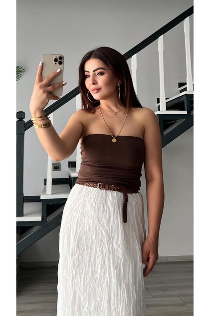 Brown Laser Cut Strapless Blouse