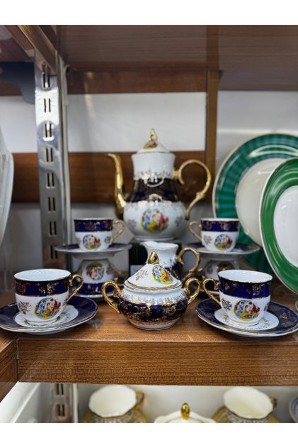 ESTERHOMEDECOR 6 Kişilik 17 parça Çekoslovak porselen kahve fincan takımı vitrin içi