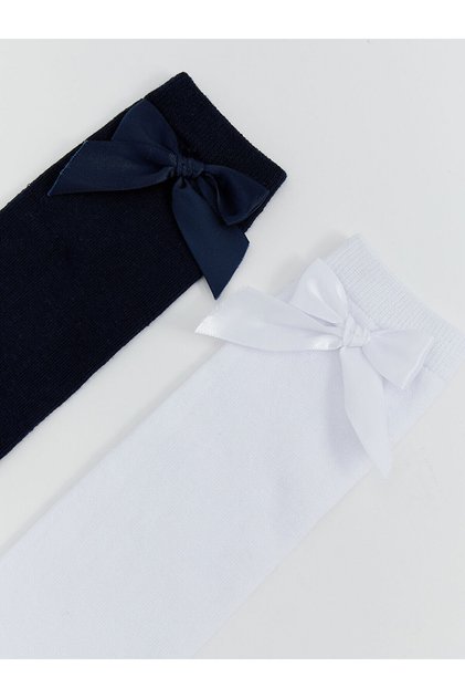 Navy Blue Bow Detailed Girls' Knee High Socks 2-Piece