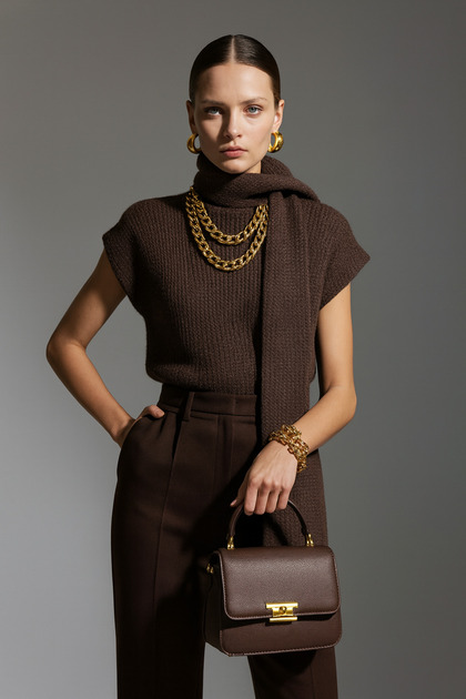 Women's Brown Integrated Scarf Detailed Sleeveless Knitwear Sweater