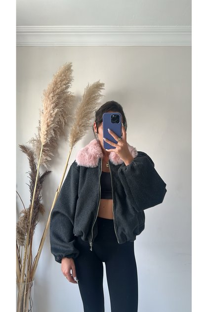 Cashmere Bomber Jacket with Fur Collar Detail