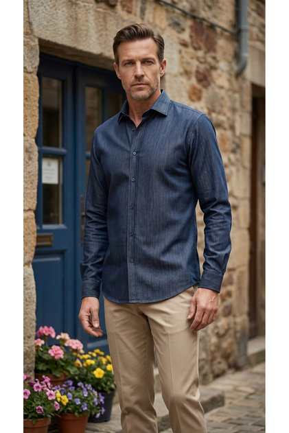 Erkek Lacivert %100 Saf Pamuk Slim Fit Casual Biritli Gizli Düğme Yaka Denim Kot Gömlek