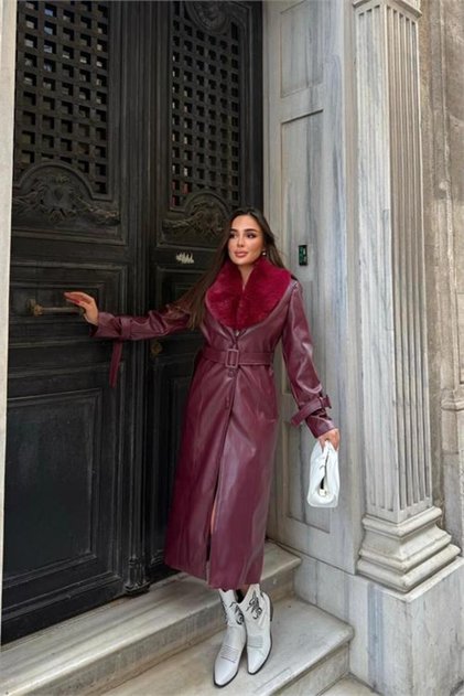 Women's Collar Detachable Fur Detailed Buttoned Leather Trench Coat Nbstr1001