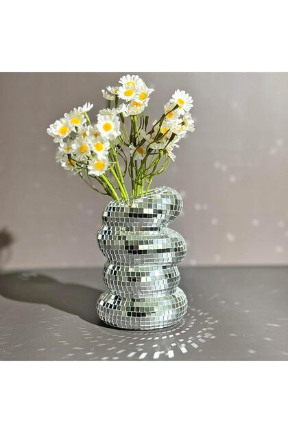 Glass Disco Ball Spiral Vase with Silver Mirror Tiles