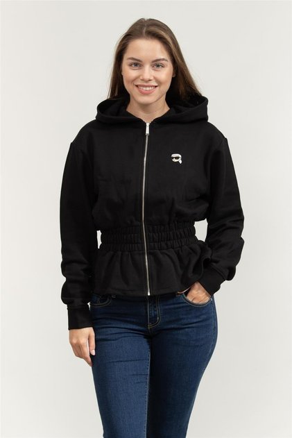 Ikon Patch Cinched Kadın Fermuarlı Sweatshirt Siyah