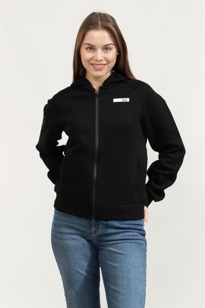 Kadın Kapşonlu Yaka Fermuar Kapama Yazı Desen Cep Detay Siyah Sweatshirt