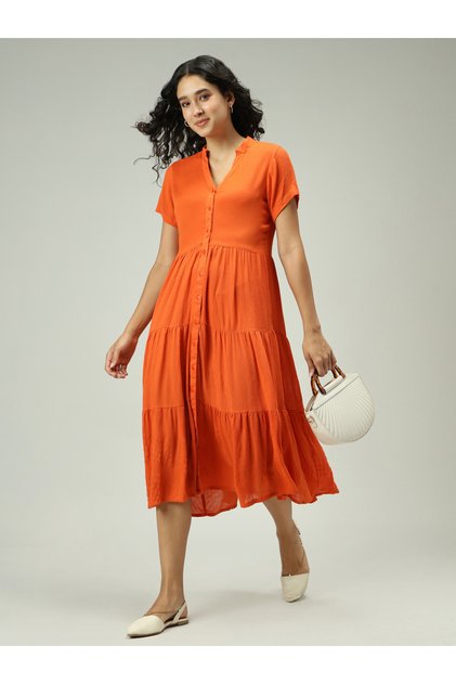 Orange Button Down Tiered Midi Dress
