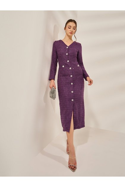 Purple Embellished Tweed Midi Dress