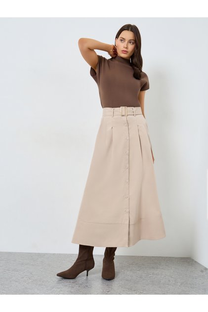 Khaki A-Line Maxi Skirt with Belt Detail