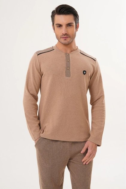 Men's Brown Crew Neck Design Thessaloniki Fabric Winter Plus Size (Oversized) Pajama Set