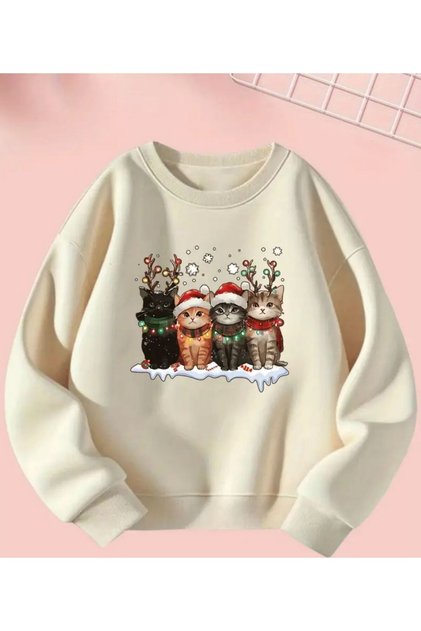 Christmas Cats Print Detailed Crew Neck Sweatshirt